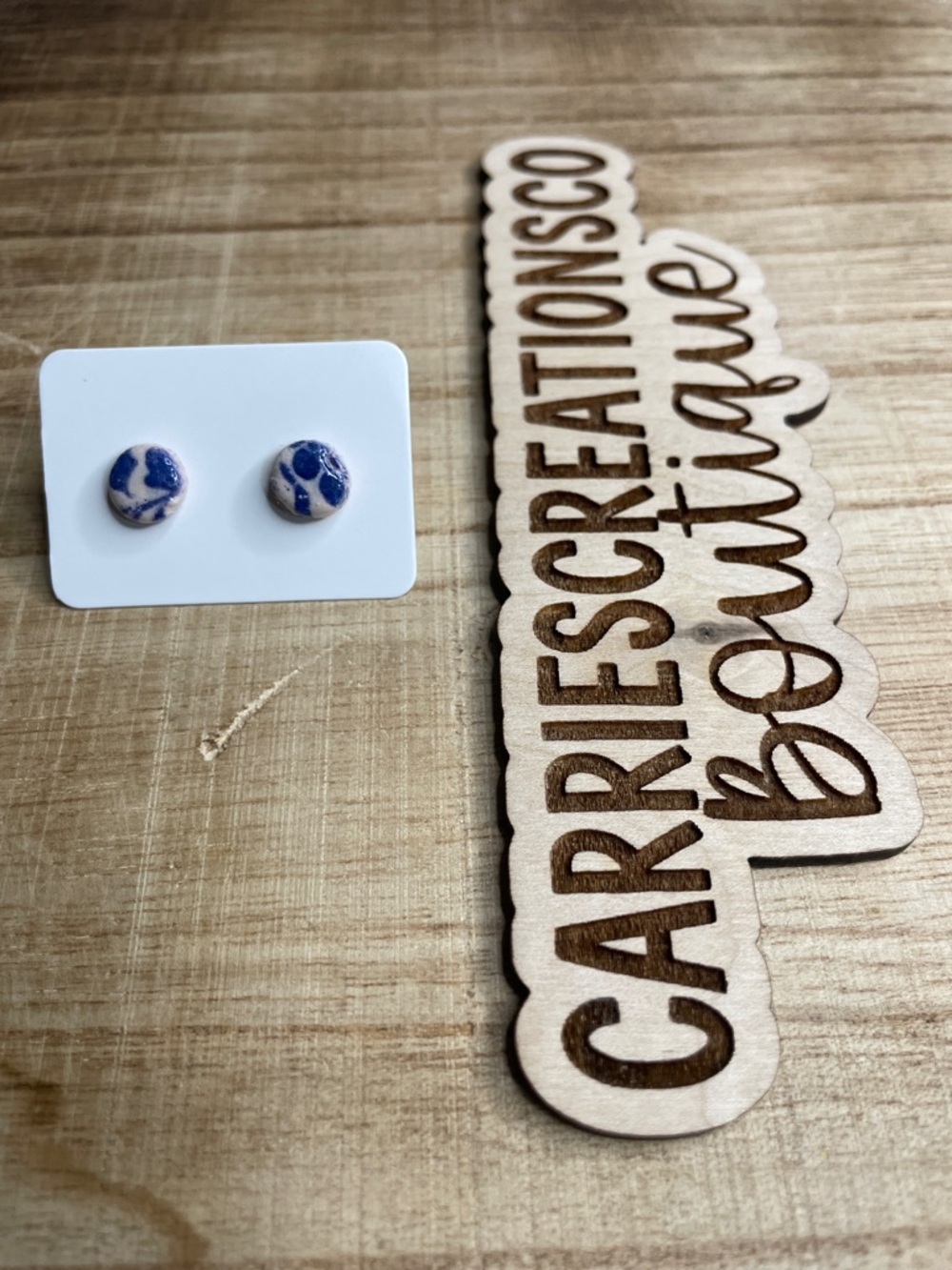 Handmade Clay Stud Earrings in White and Blue